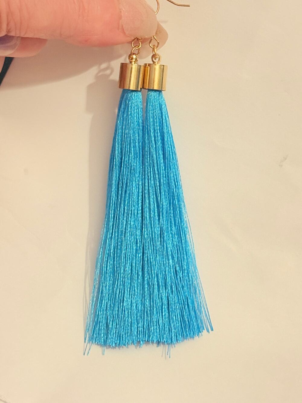 Blue Tassel Gold Tone Dangle Earrings Boho Statement